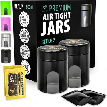 Premium Airtight Glass Storage Jars 500ml, 2 Pack, with 69% Humidity Control Packs - UV Air Tight Jars with