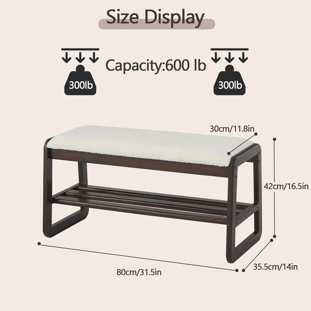 Shoe Rack Bench, 2 Tier Solid Wooden Entryway Bench(Cream White, 31.5")