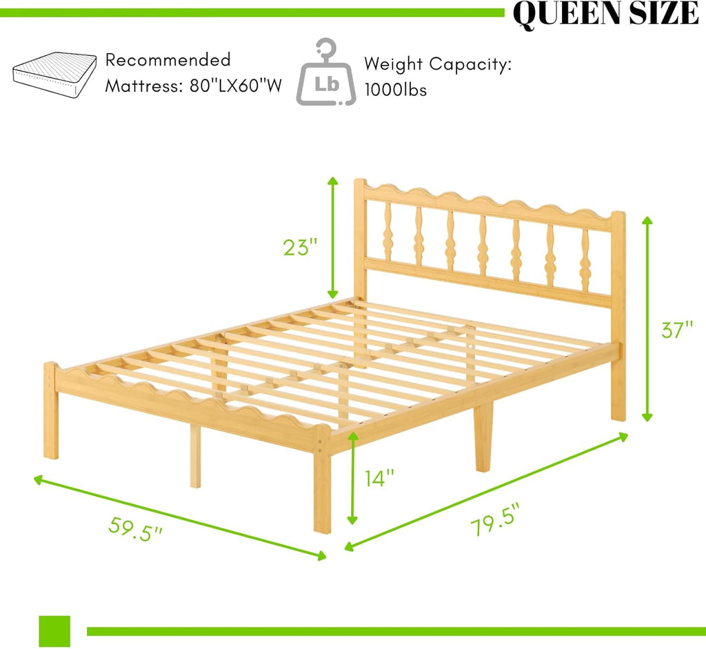 Bamboo Queen Bed Frame with Headboard, 14 inch Solid Wood Platform Bed Frames Queen with Metal Slats, No Box Spring