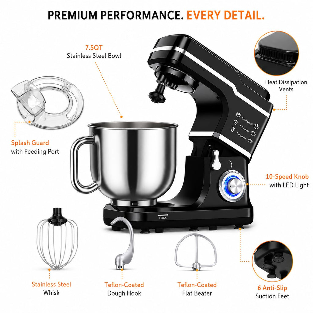 7.5 QT Stand Mixer, 10-Speed Tilt-Head Electric Mixer with Stainless Steel Bowl, Dough Hook, Whisk, Beater, Splash