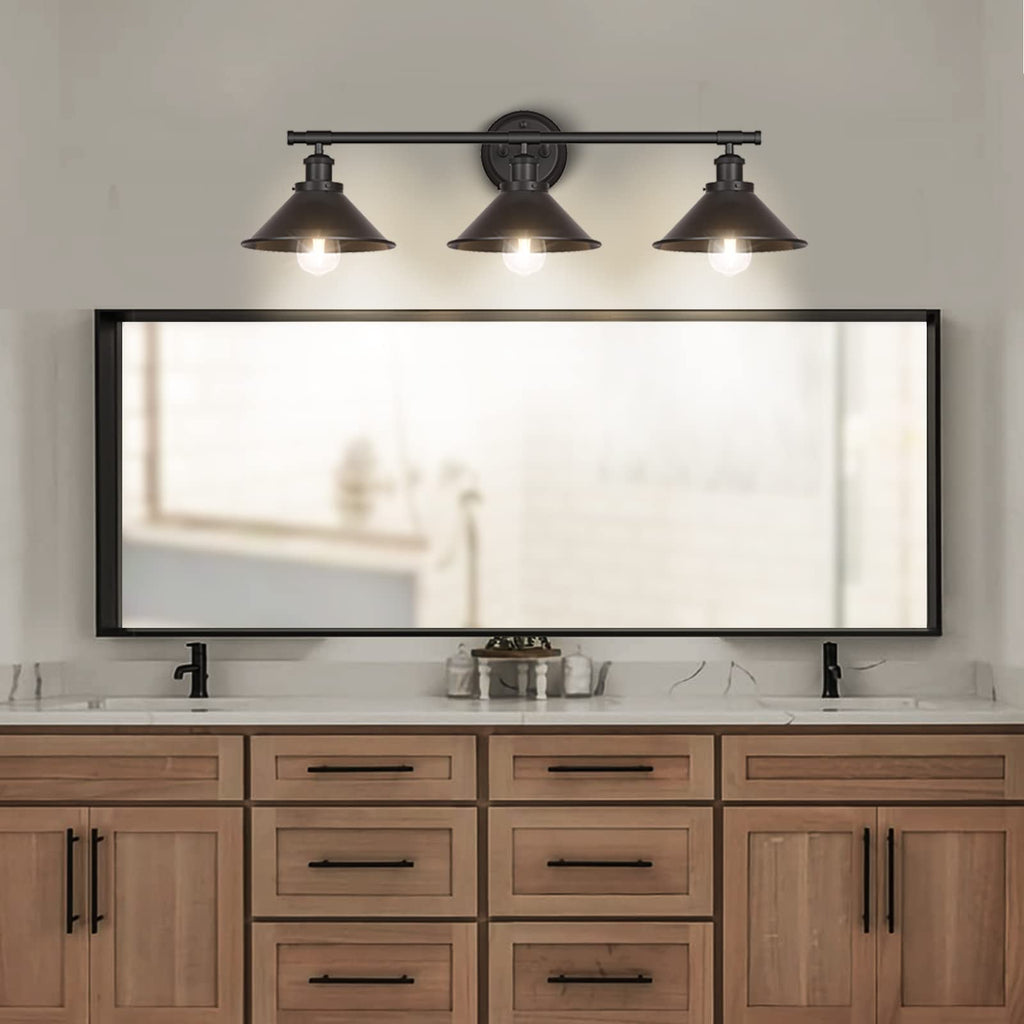 3-Light Black Bathroom Vanity Light Fixtures Over Mirror, Farmhouse Vanity Wall Sconce Lighting with Metal Shade