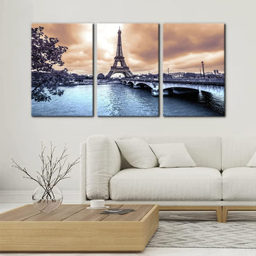 Paris Cityscape Canvas Wall Decor - 3 Pieces Set - Eiffel Tower Skyline Picture Bedroom Office & Home Decor Ideal