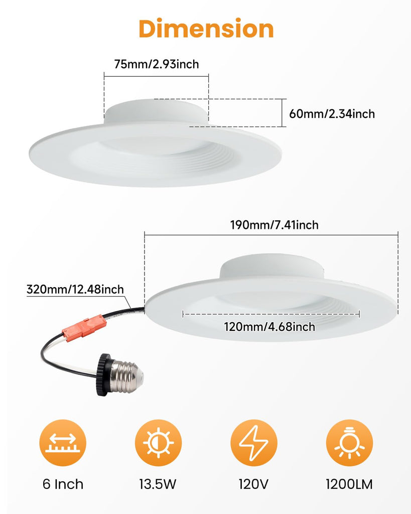 Premium Metal 5/6 Inch Retrofit Recessed Lighting - 13.5W 1200LM Baffle LED Downlight, 5CCT 2700K-6000K Selectable