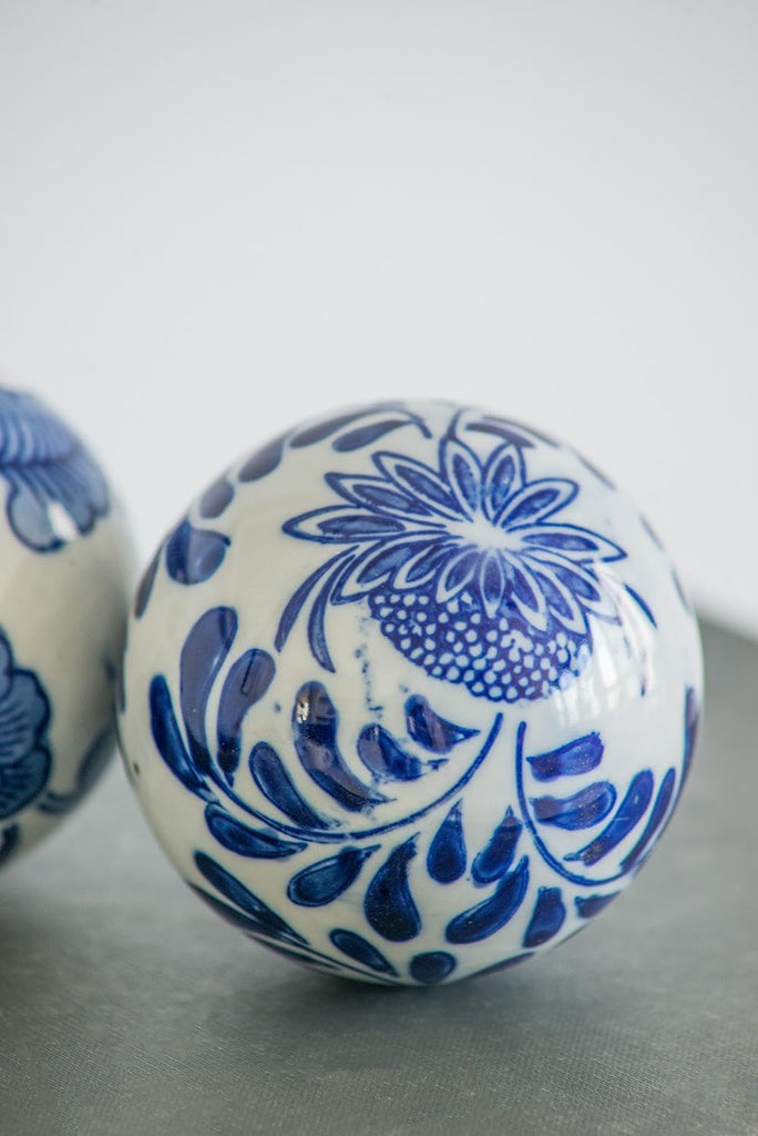 Set of 6 Porcelain Decorative Spheres - Handcrafted Traditional Blue and White Floral Orbs Decor, Tabletop Accent