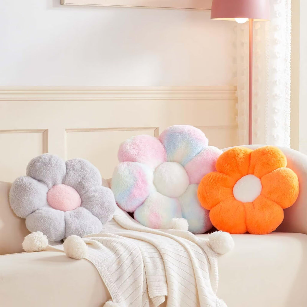 Flower Pillow Cute Decorative Throw Pillow with Faux Rabbit Fur Soft Daisy Plush Floor Cushion Aesthetic Flower