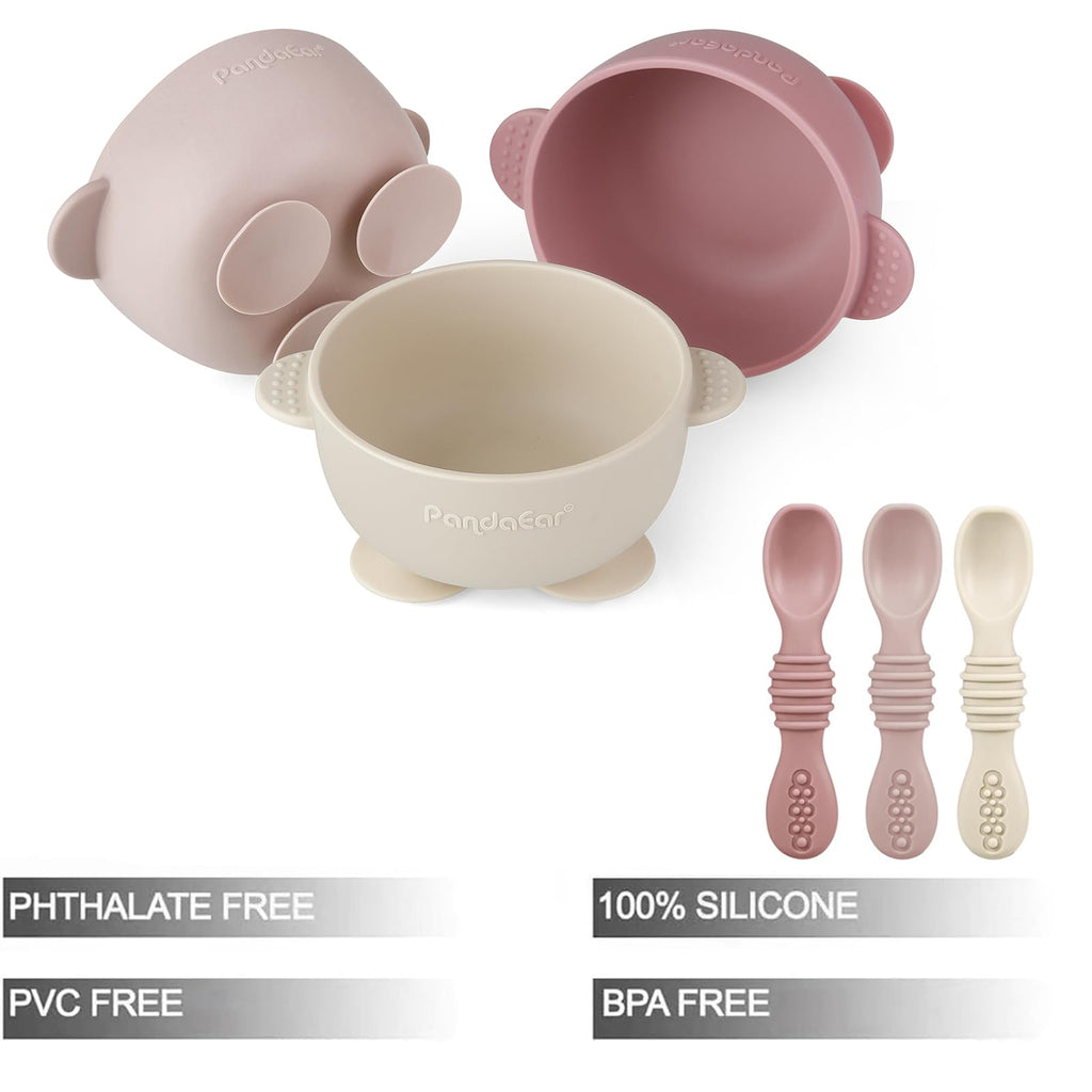 3 Pack Silicone Suction Baby Bowls & 3 Baby Feeding Spoons