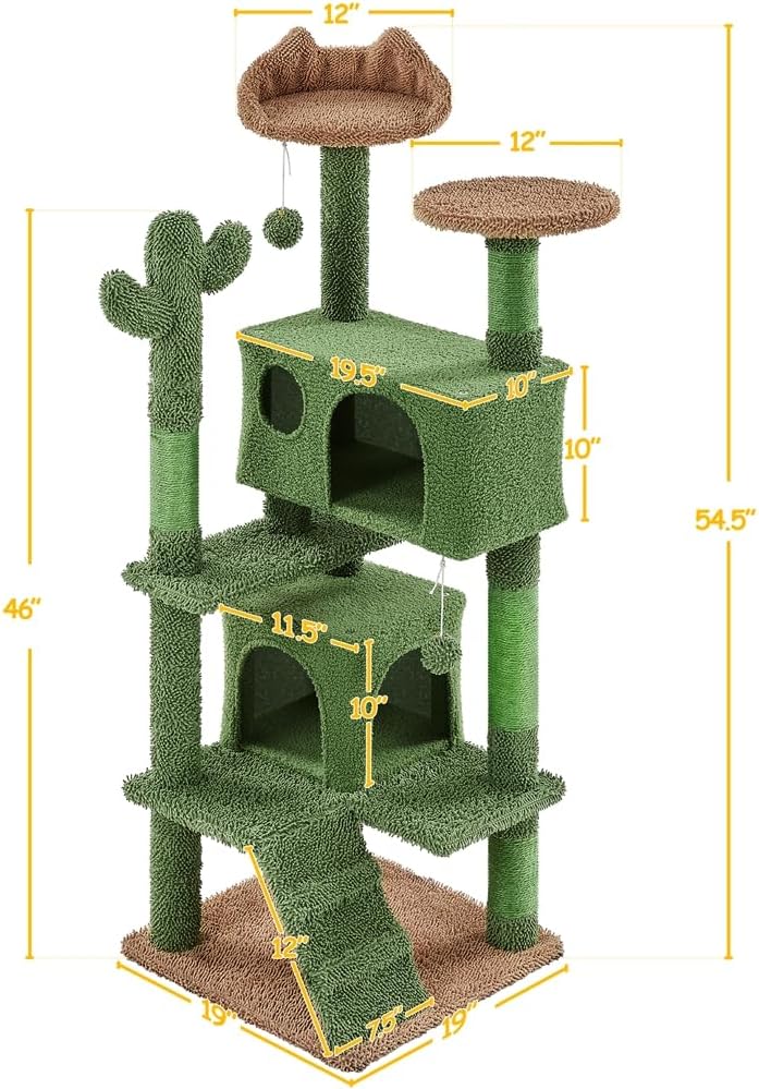 Cactus Cat Tree for Indoor Cats, Green Multi-Level Tower