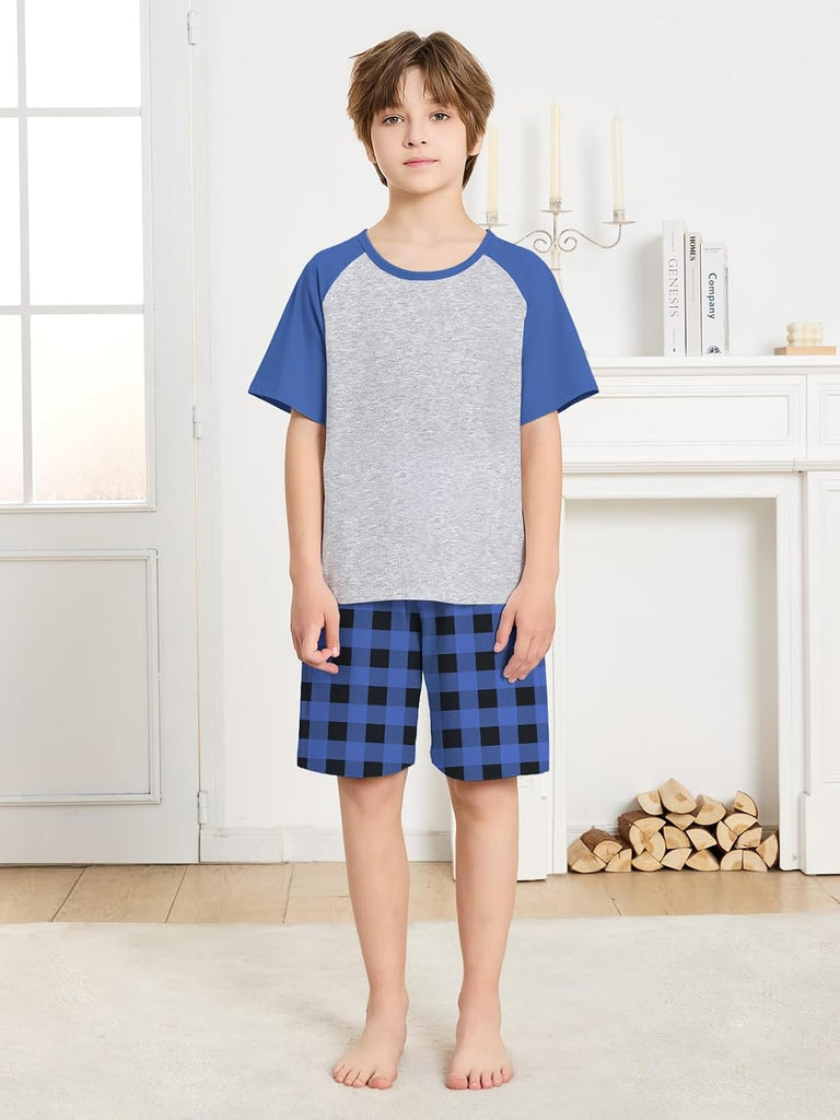 Boys Pajamas Set Two Piece Cotton Sleepwear Kids Short Sleeve Top and Shorts PJS Set with Pockets