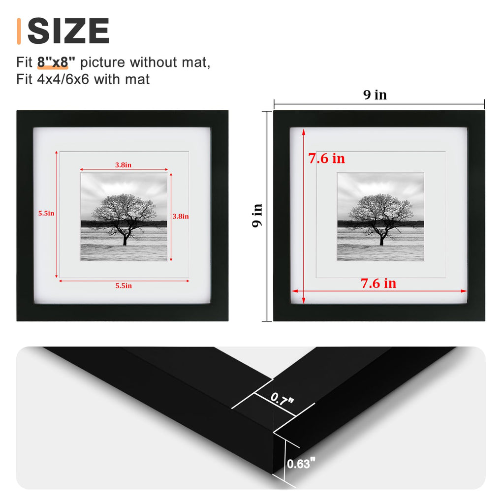 8x8 Picture Frames 4 PCS, Solid Wood frame Fits 4x4/6x6 with Mat or 8x8 Without Photo Frame Covered by Plexiglass, for