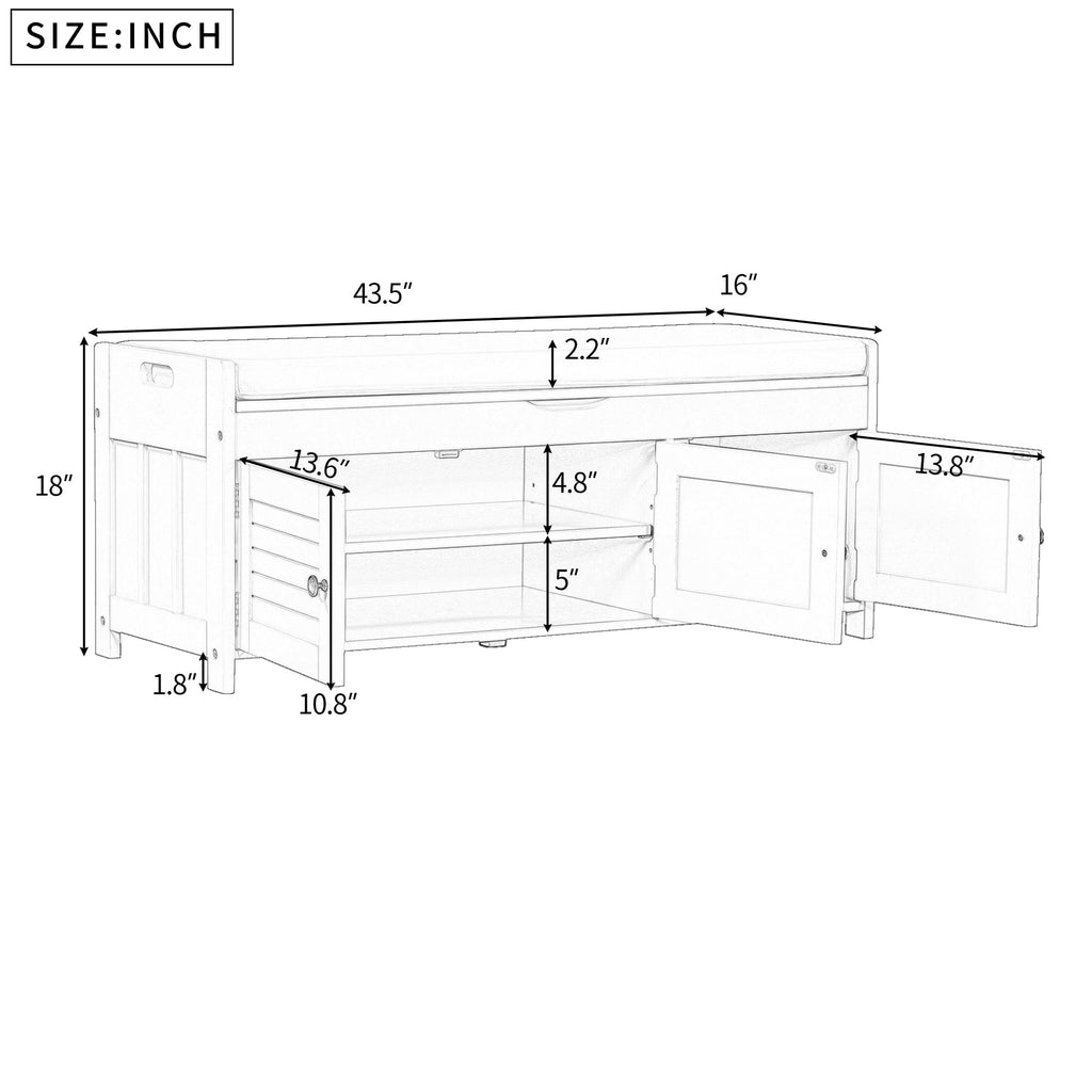 Farmhouse Solid WOD Entryway Bench with Seat Cushion Multifunctional Shoe Storage Cabinets Living Room Bedroom