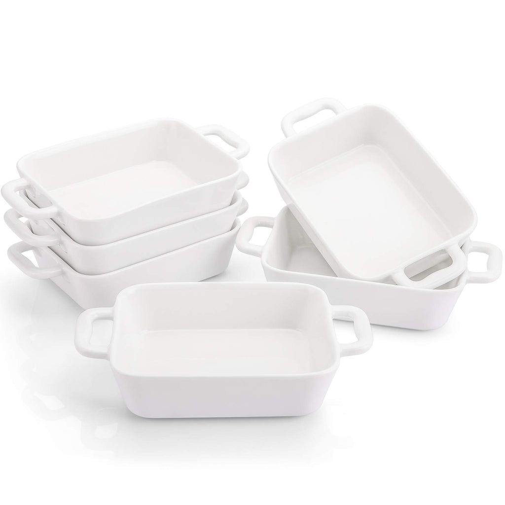 6 Pieces Bakeware Set, White Porcelain Souffle Dishes Creme Brulee Ramekins, 6-1/4 x 4-3/4 inch Rectangular Baking
