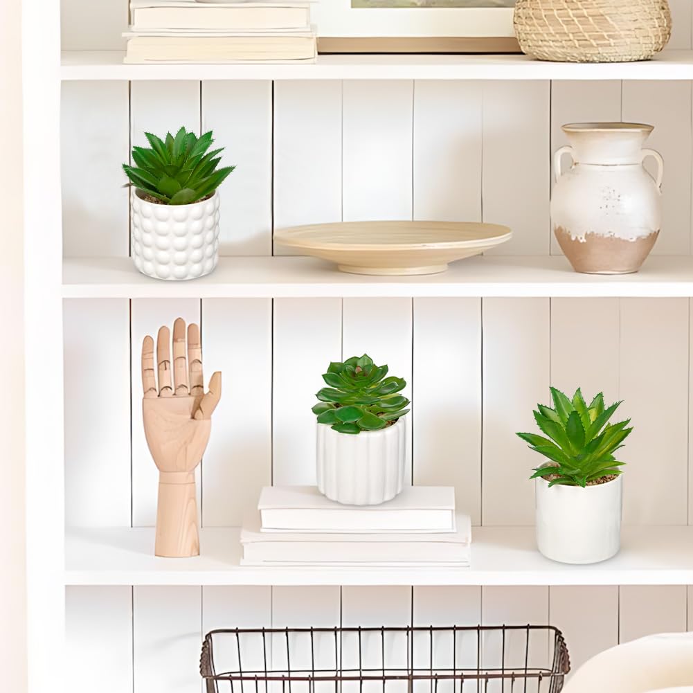 Succulents Plants Artificial in White Ceramic Pots (Set of 3), Small Fake Plants Desk Decor - Modern Mini Potted