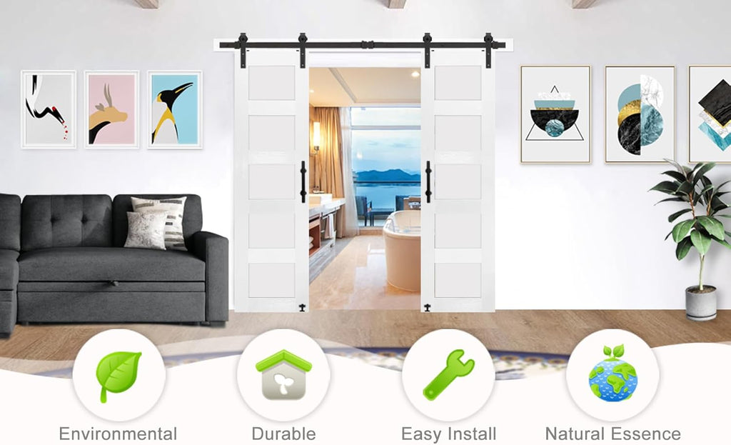 18 in x 84 in Double Glass MDF Barn Doors with 6.6FT Hardware Kit, 5 Tempered Frosted Glass, Slab In