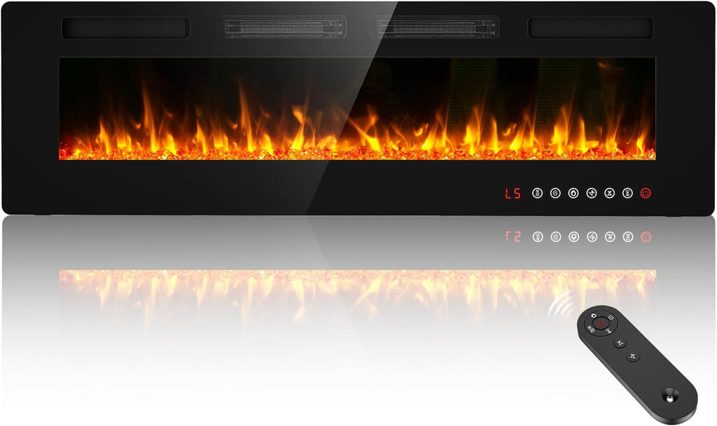 60" Ultra Thin Electric Fireplace Insert-ETL Certified, Recessed/Wall Mount, 3D Flame with Crystal