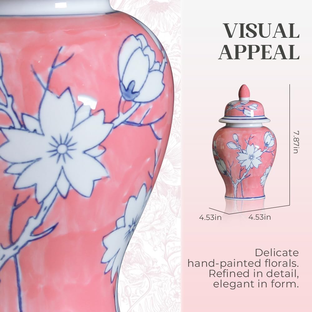 Pink Floral Ceramic Ginger Jar with Poetry Design, Hand-Painted White Blossoms on Pink Background, Decorative Vase