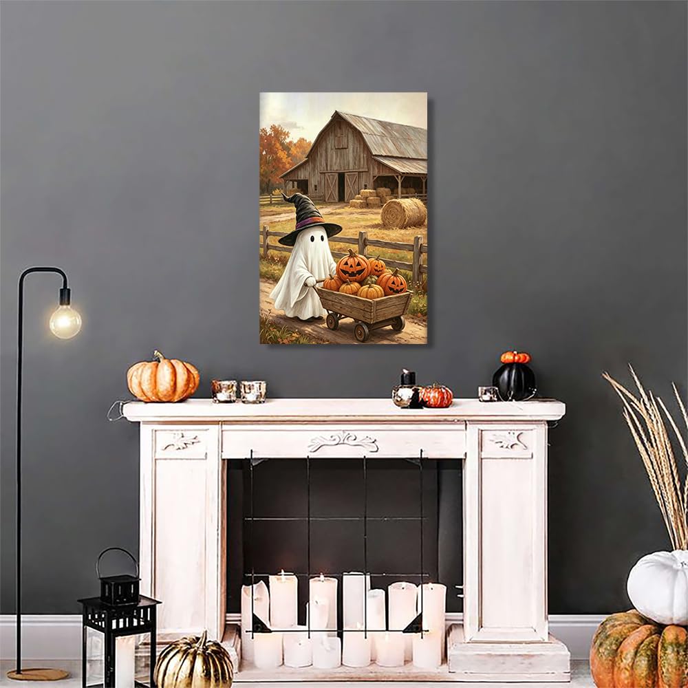 Autumn Halloween Wall Art - Cozy Ghost in a Sheet and Witch Hat Pushing a Wooden Wagon Full of Pumpkins - Rustic Barn