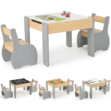 3 in 1 Kids Table and Chair Set, Wood Multi Activity Table with Removable Tabletop Storage, Detachable Blackboard for