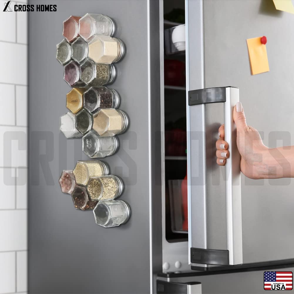 30 Set Magnetic Spice Jars for Refrigerator Hexagon Glass Spice Jars with Magnetic Lids, Shaker, Spice Labels
