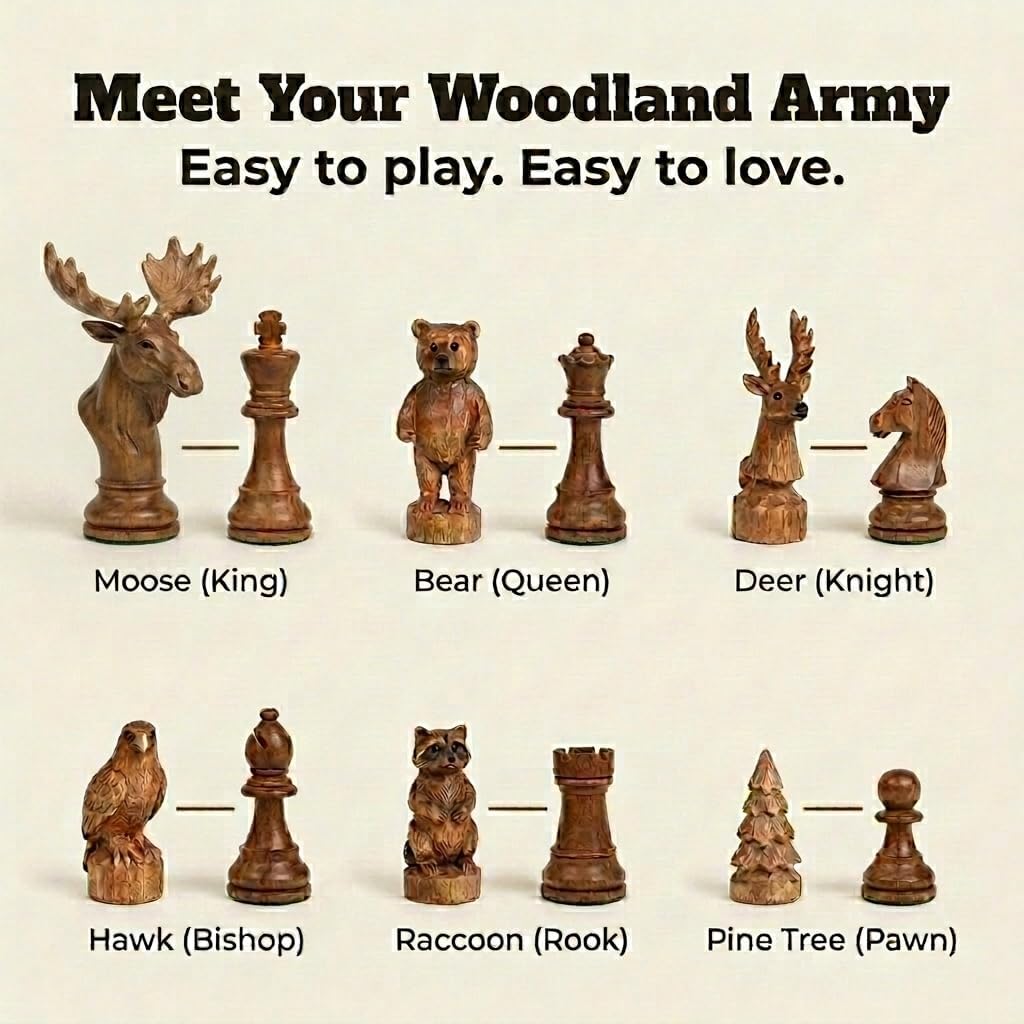 Forest Crowd Chessboard - Wooden Unique Chess Set - Set of 33