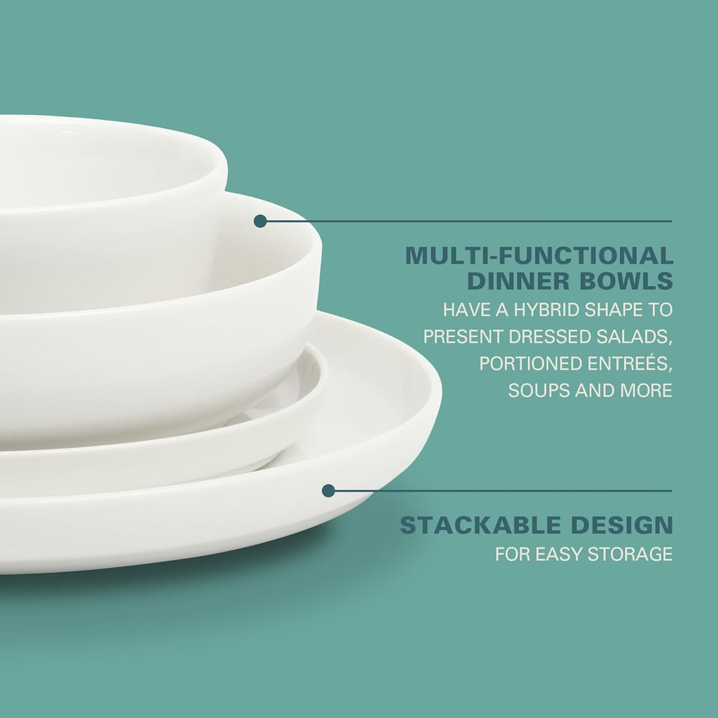 Oslo Dinnerware Set for 4, 16-Piece White Porcelain Plates and Bowls - Ceramic Dish Set | Microwave & Dishwasher Safe