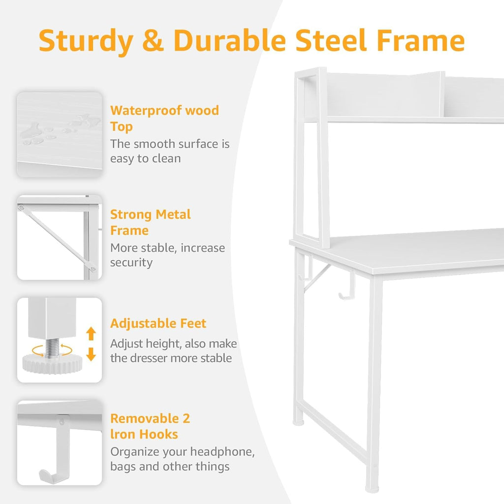 White Computer Desk with Hutch & Drawers - Office Desk with 3 Storage Drawers and Power Outlets