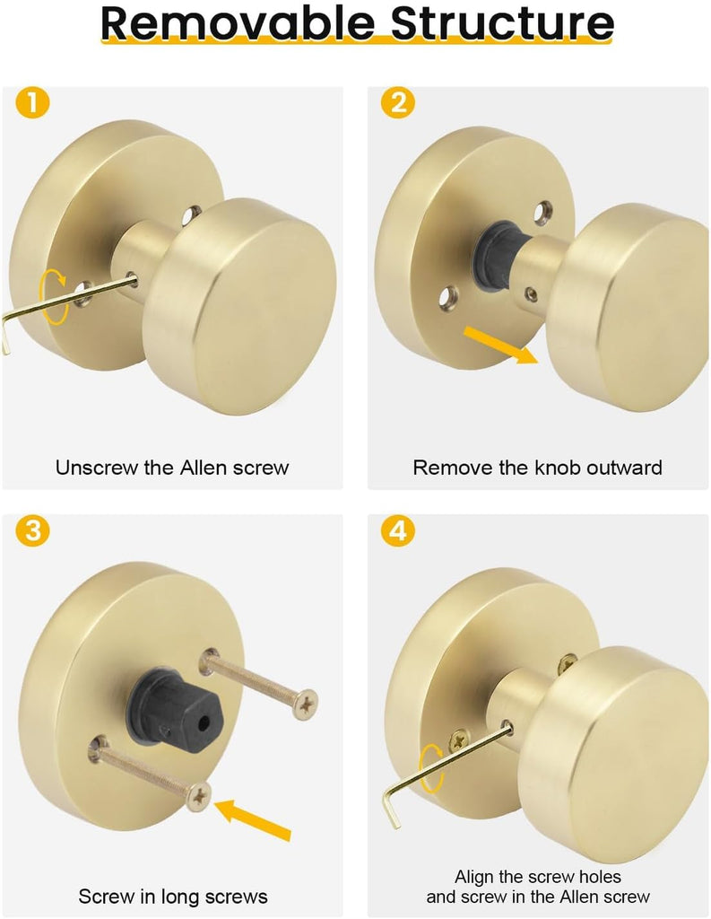 Gold Closet Door Knobs, Zinc Alloy Brushed Gold Passage Door Knob, Interior Door Knob , Closets