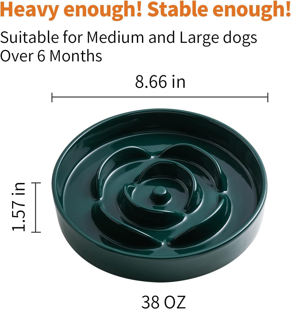8.66 in Green Dog Bowl Ceramic Slow Feeder with Wood Stand for Small Medium Large Dogs, Elevated/Raised Slow Feeding