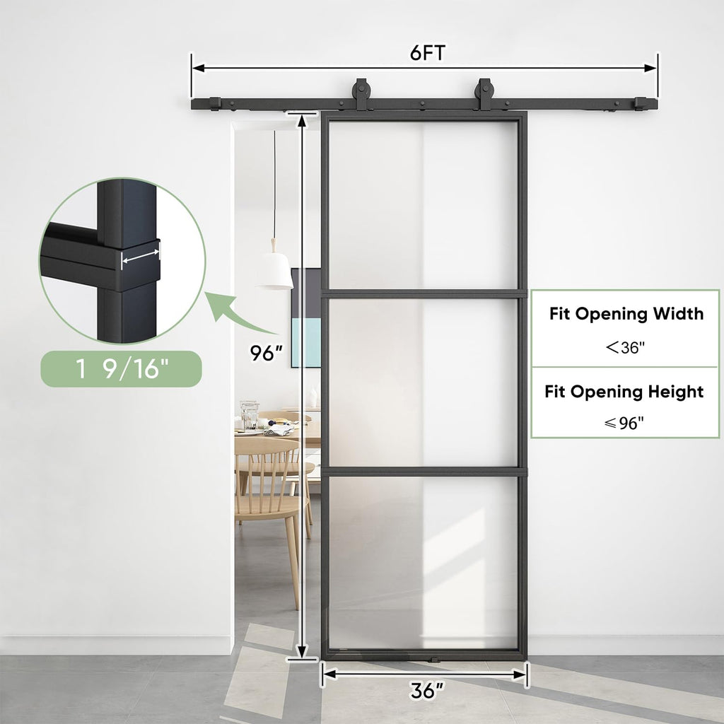36in x 96in Metal Frosted Glass Barn Door with 6FT Hardware kit
