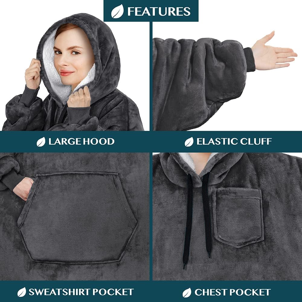 Blanket Hoodie for Women Grey, Sherpa Wearable Blanket Men, Cozy Oversized Sweatshirt Blanket, Warm Fleece Hooded