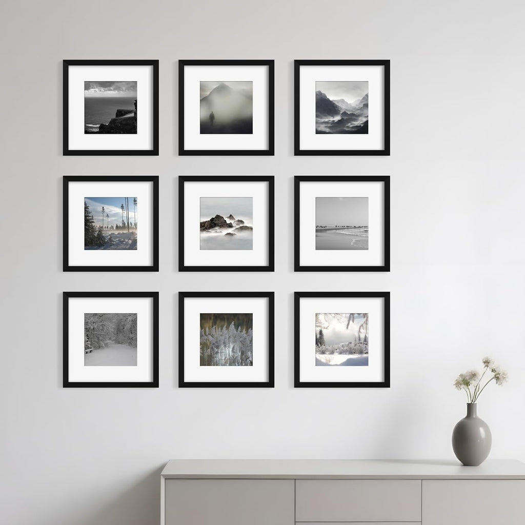 12x12 Picture Frame Set of 9, Photo Gallery Wall Frame Set, Display Pictures 8x8 with Mat or 12 x 12 Without Mat