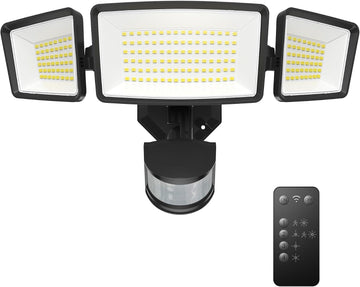 7500LM Motion Sensor Outdoor Lights, 150-LED 3-Head Security Light with Remote Control, 300°Wide Angle Flood Wall