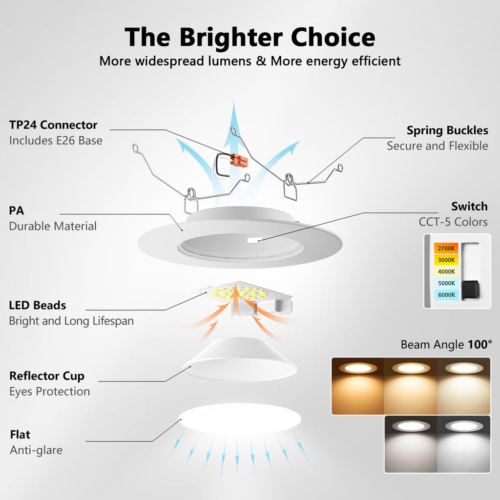 6 Inch Recessed Lights, 5CCT LED Can Lights, Dimmable, 6 Pack,White