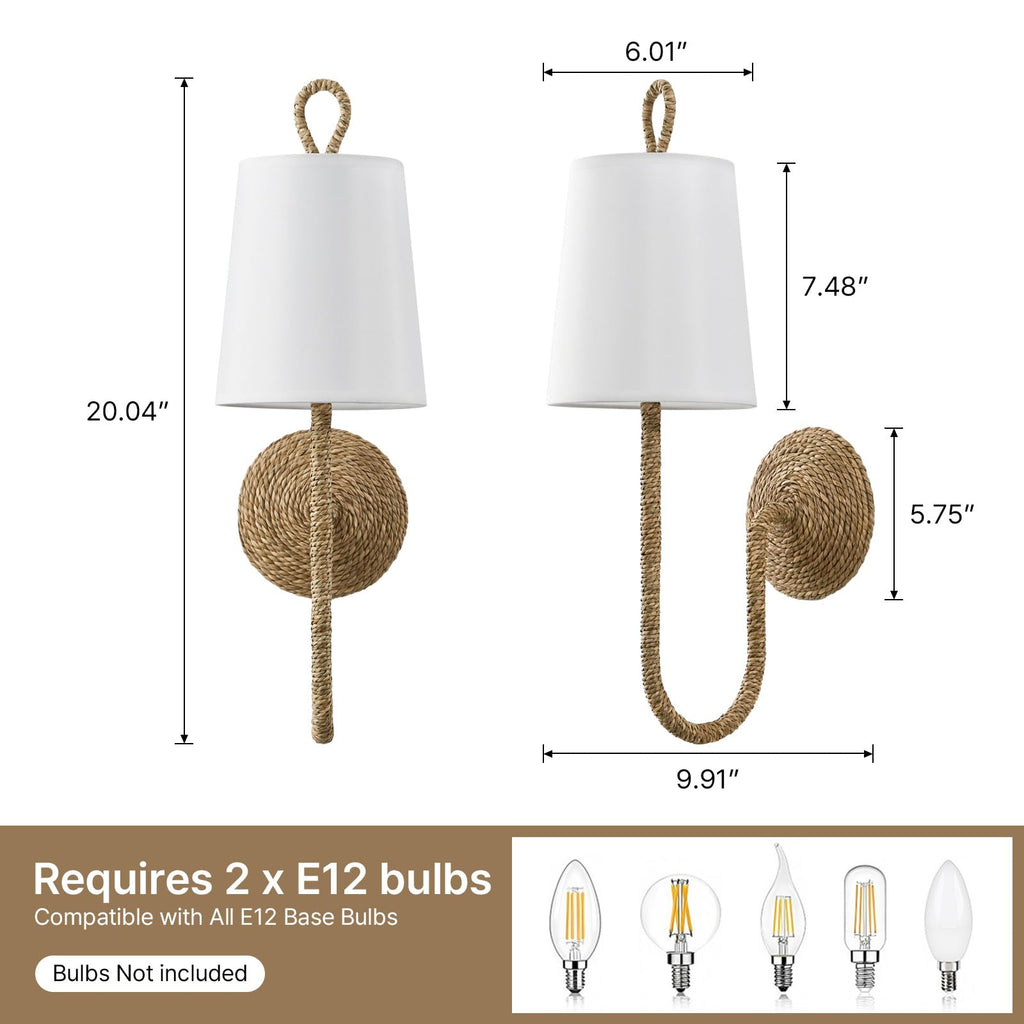 Boho Coastal Rattan Wall Sconce: Set of 2 Wicker Hardwired Bathroom Lights