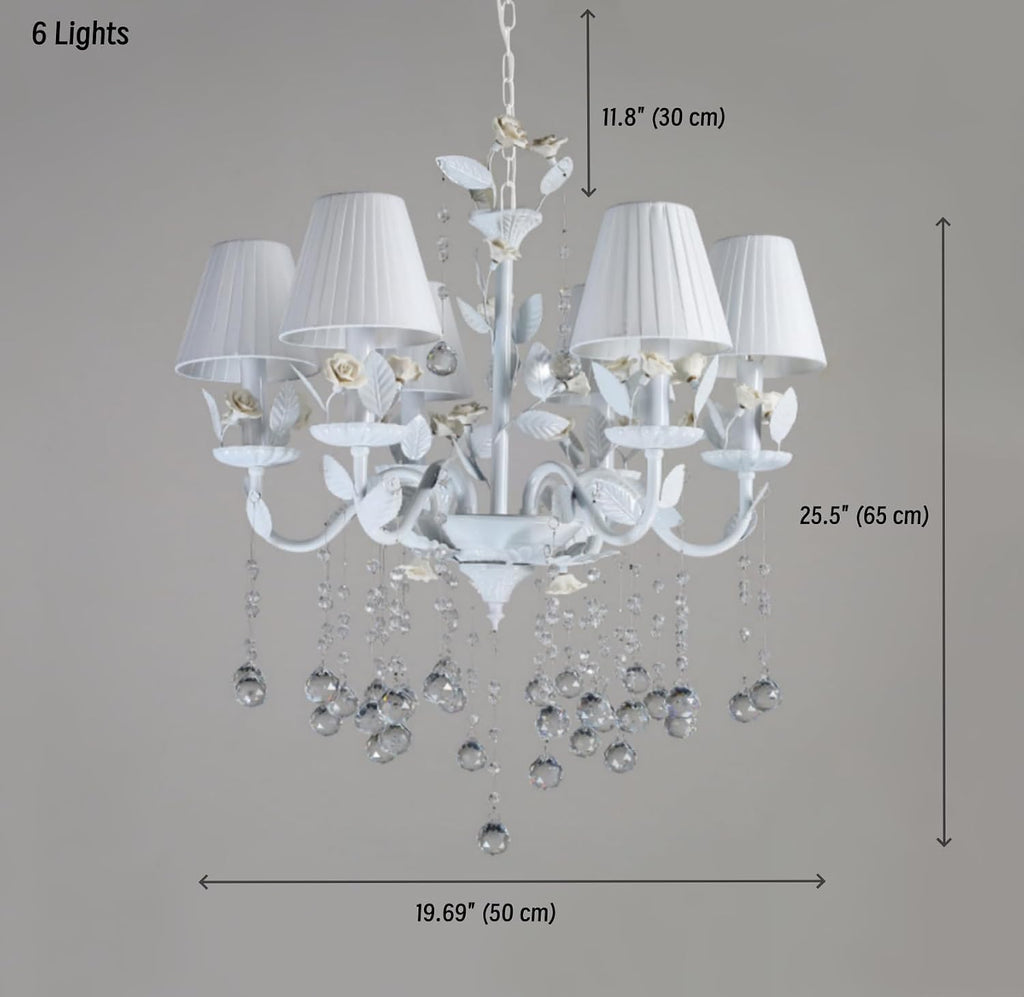Antique White 6-Light Wrought Iron Floral Chandelier with Ceramic Roses, Crystals & Pleated Fabric Shades, 19.7" W