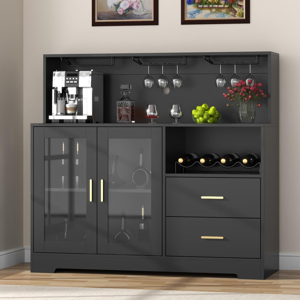 Bar Cabinet with LED Light,Coffee Bar Cabinet w/ Wine & Glass Rack | Wine Cabinets with Drawers & Microwave Stand