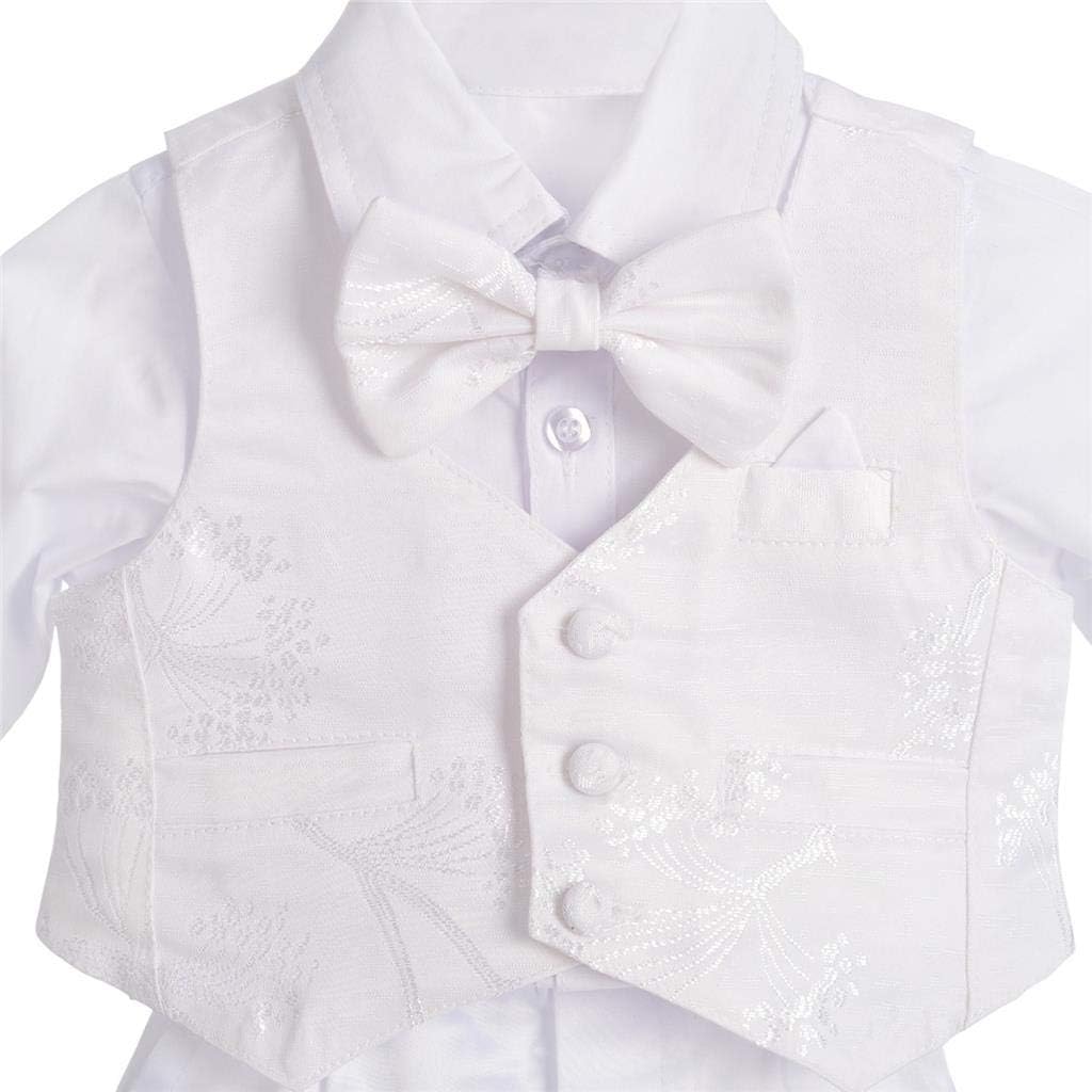 Baby Boys White Suit Christening Clothing Baptism Outfits with Bonnet Long Sleeve Floral