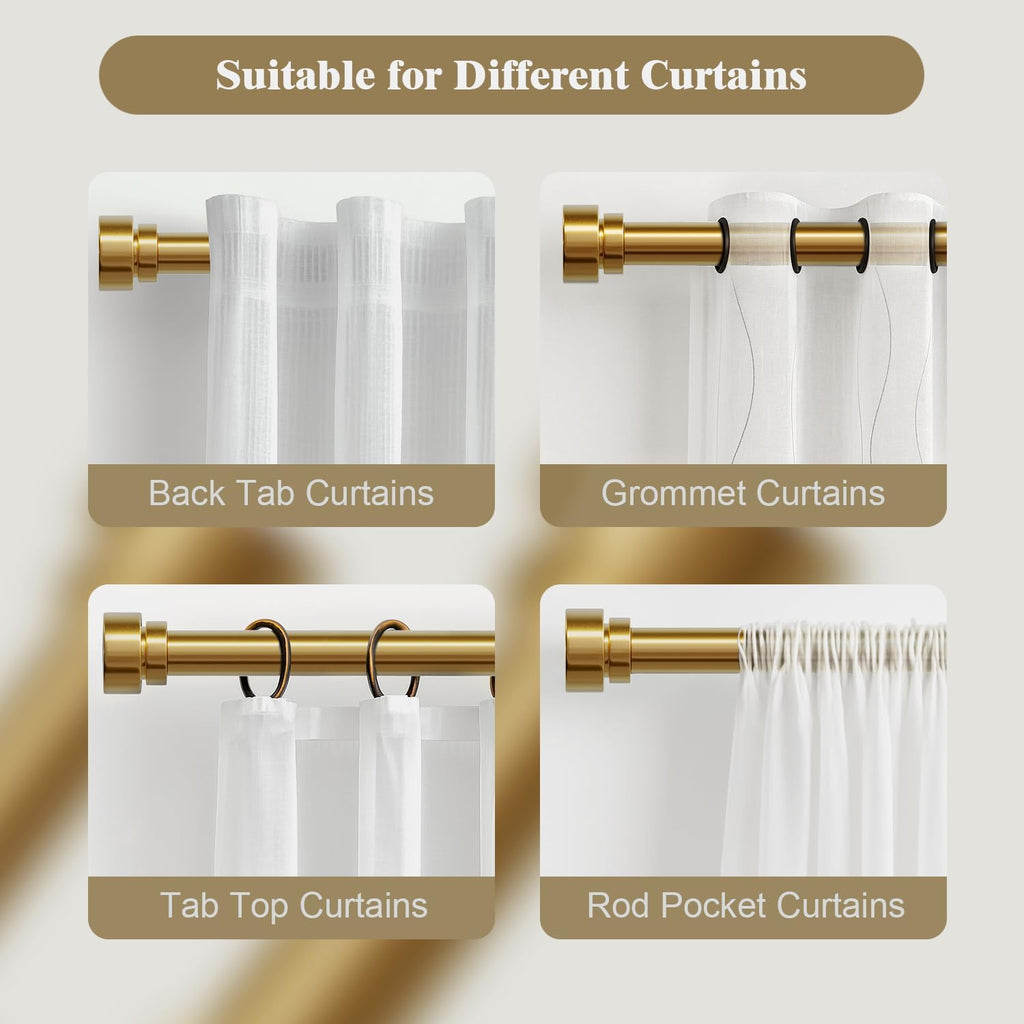 Heavy Duty Curtain Rods for Windows, 1 Inch Brass Gold Curtain Rod, Adjustable Length Rod with Metal