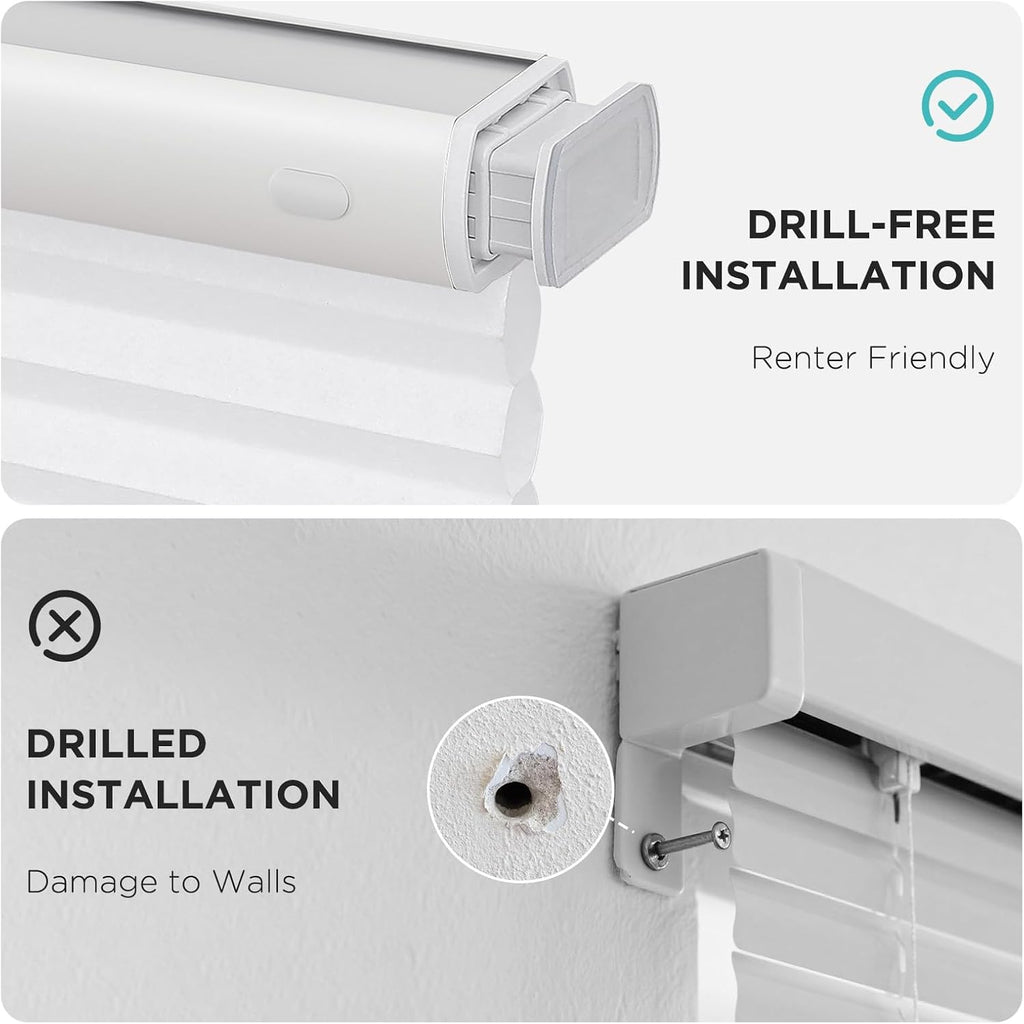 No Drill Light Filtering Cellular Shades, White, | Thermal Insulating, No Drill Blinds for Windows, Light Filtering