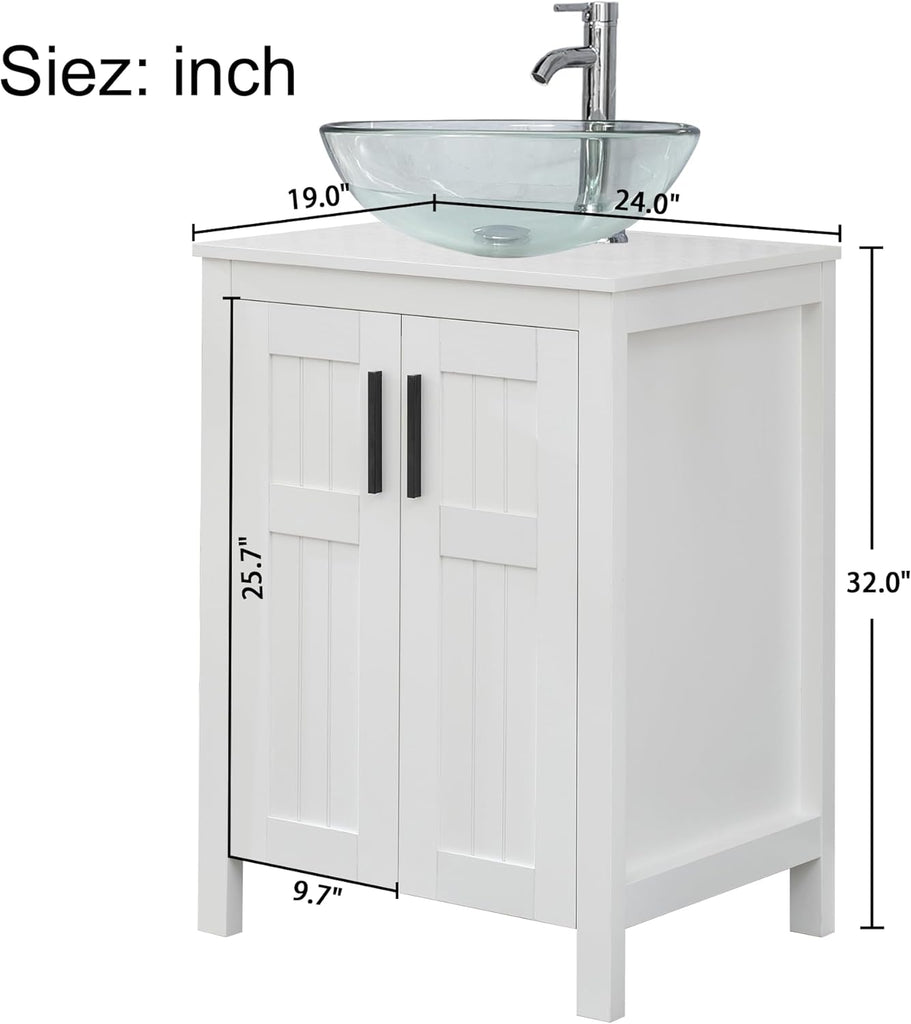 UEV White 24" Bathroom Vanity with Sink Combo,Modern Vanity with Vessel Sink,Stylish Bathroom Vanity Cabinet,Grooved