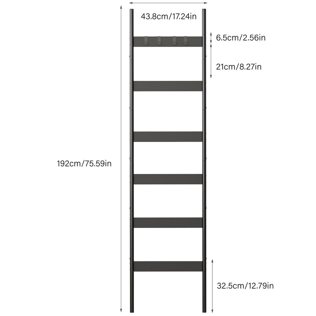 Blanket Ladder, 6-Tier Towel Holder with 4 Removable Hooks, Farmhouse Wall Leaning Decorative Rack Shelf, Wooden