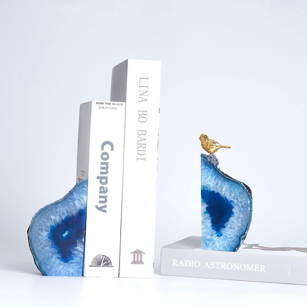 Blue Agate Bookends for Shelves, Geode Crystal Book Ends for Heavy Books, Stone Decor with Rubber Bumpers 1 Pair