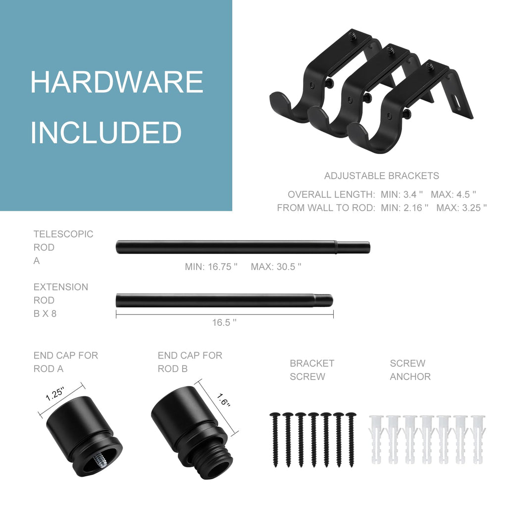 Curtain Rods for Windows 16 to 144 Inches Adjustable Length 1 Inch Diameter Window Curtain Rod with Aluminium
