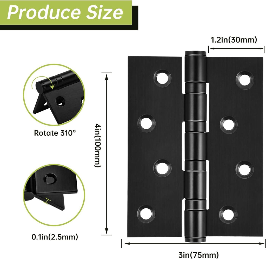 6-Pack Black Door Hinges, 4 Inch Heavy Duty Stainless Steel Hinge Exterior Doors, Max Loading 150LB