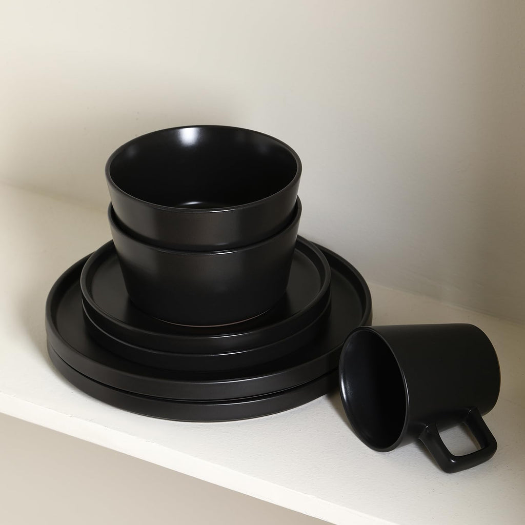 Celina Stoneware 32 Piece Modern Dinnerware Set, Plates and Bowls, Black Matte, Service for 8