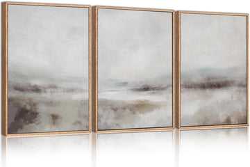 Large Abstract Neutral 3 Piece Wall Art Framed, Gray Lake Landscape Canvas Decor , Watercolor Smoky Mountain