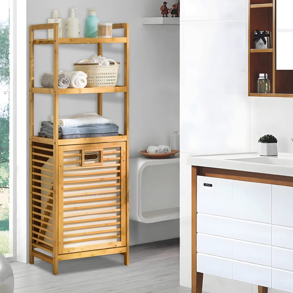 Tilt-Out Hamper for Laundry 3-Tier Bamboo Pull-Out Laundry Hamper Floor Stand Bathroom Storage Shelf Cabinet, 46.5"