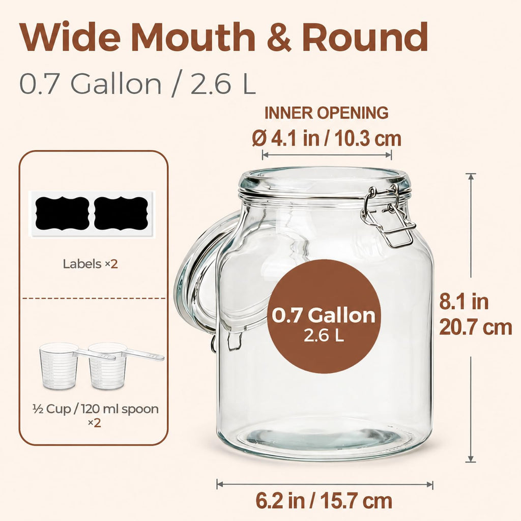 Glass Pantry Jars with Airtight Lids 0.7 Gallon 2 Pack Wide Mouth