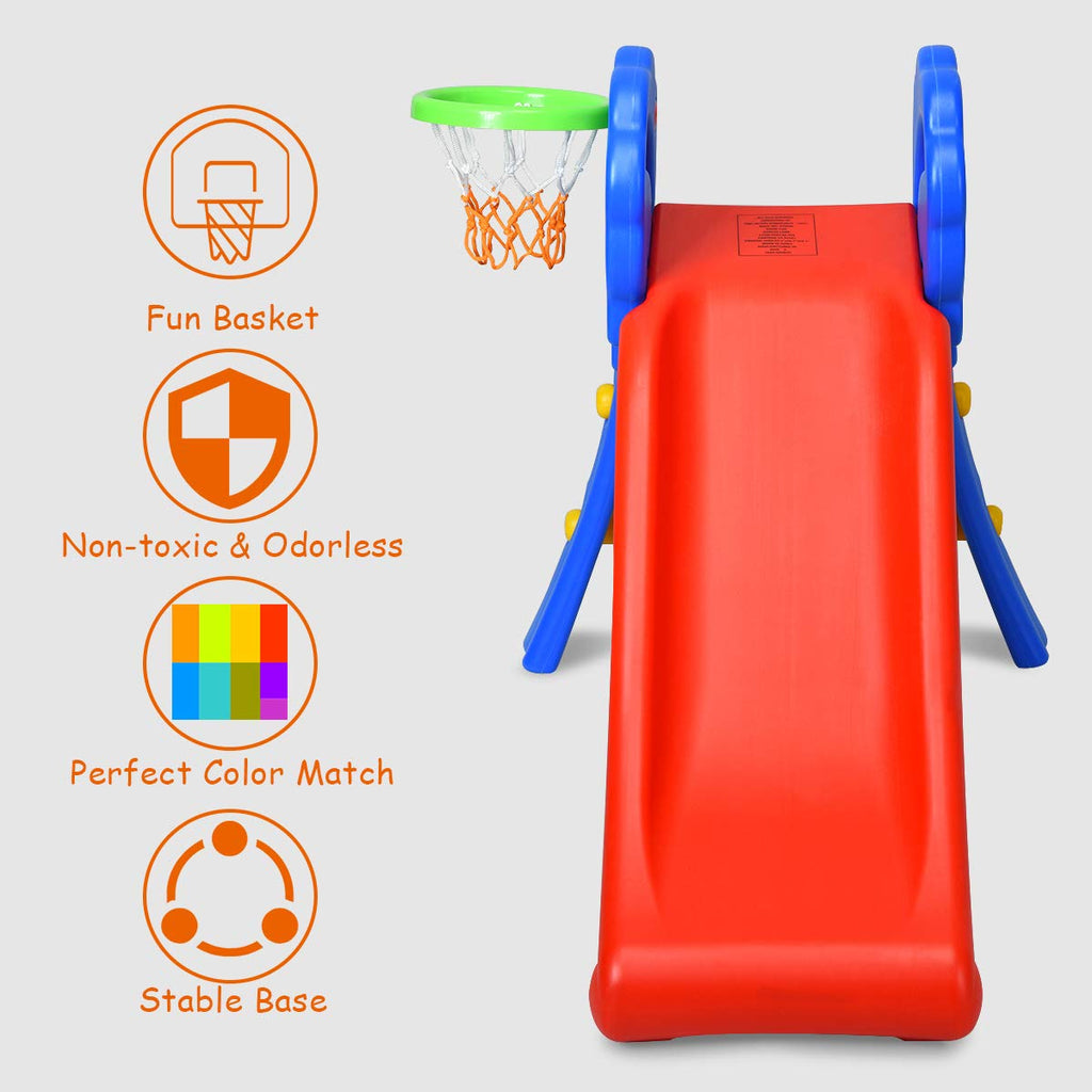 Folding Slide, Indoor First Slide Plastic Play Slide Climber Kids (Floral Rail +Basketball Hoop)