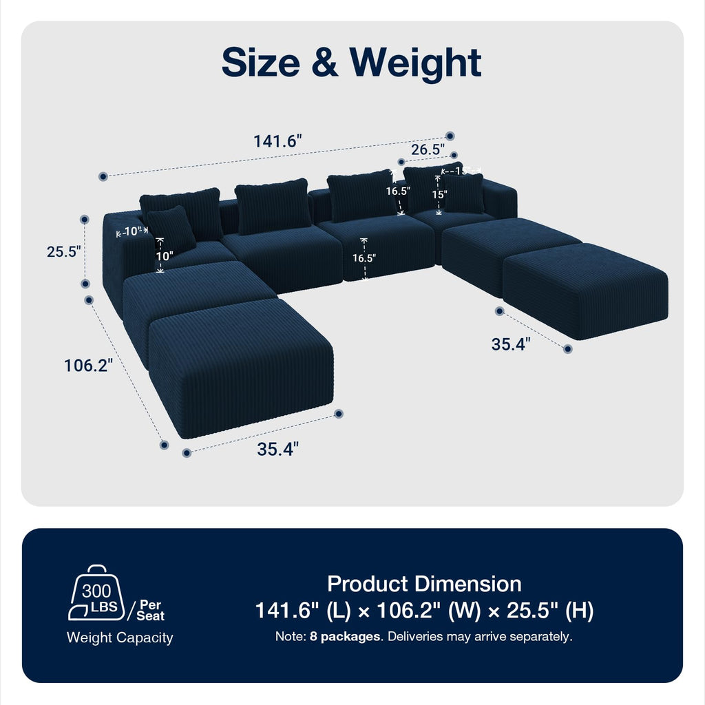141-inch U-Shaped Modular Sectional Couch Sofa with 4 Ottomans