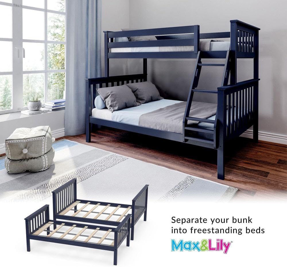 Bunk Bed Twin Over Full with Ladder, Solid Wood Platform Bed Frame with Ladder for Kids, 14" Safety Guardrails